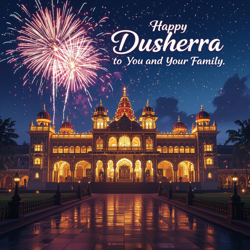Mysore Palace at Night with Kannada Dussehra Wishes