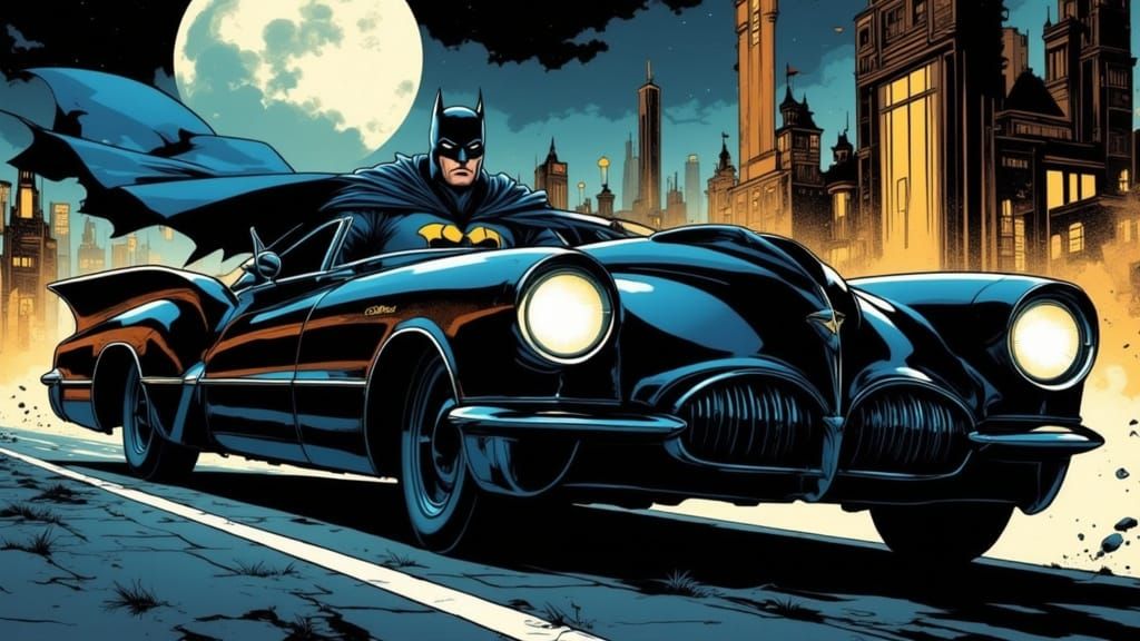 A 1950s comic book style illustration of  Batman riding in the Batmobile!