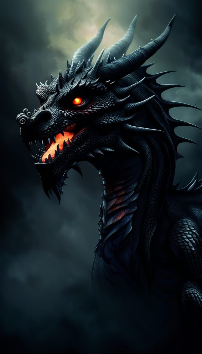 Ominous Black Dragon in Dark, Foggy Landscape