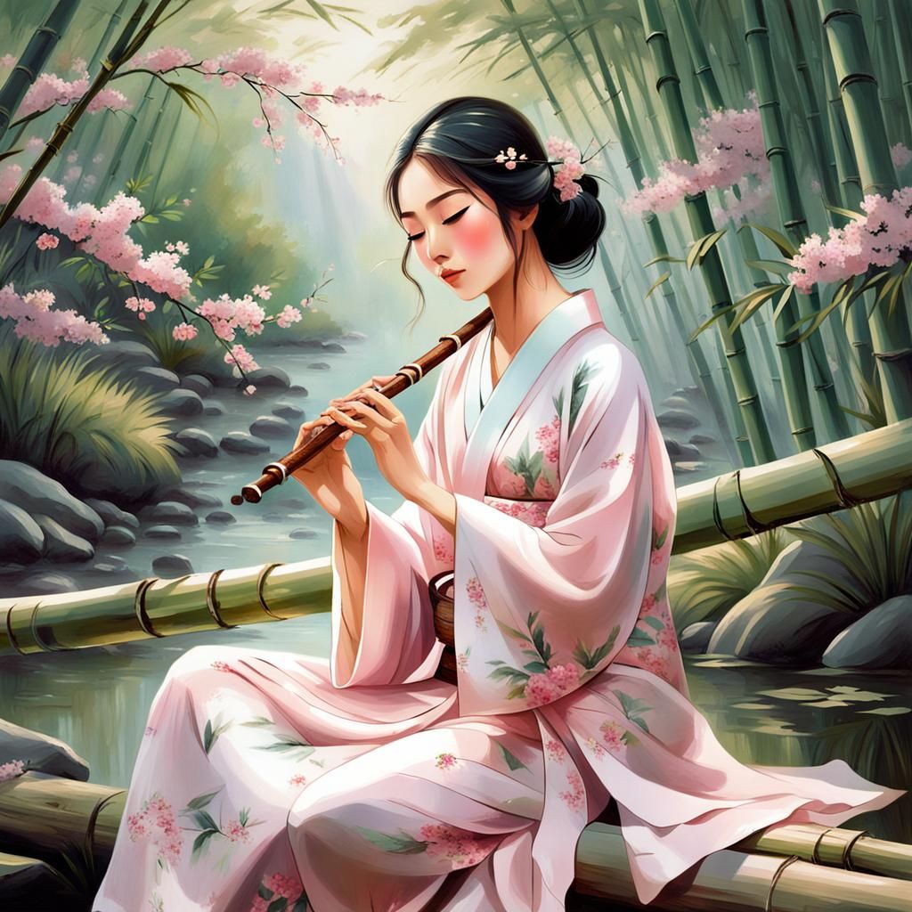 Chinese Woman Playing Flute in Ethereal Garden