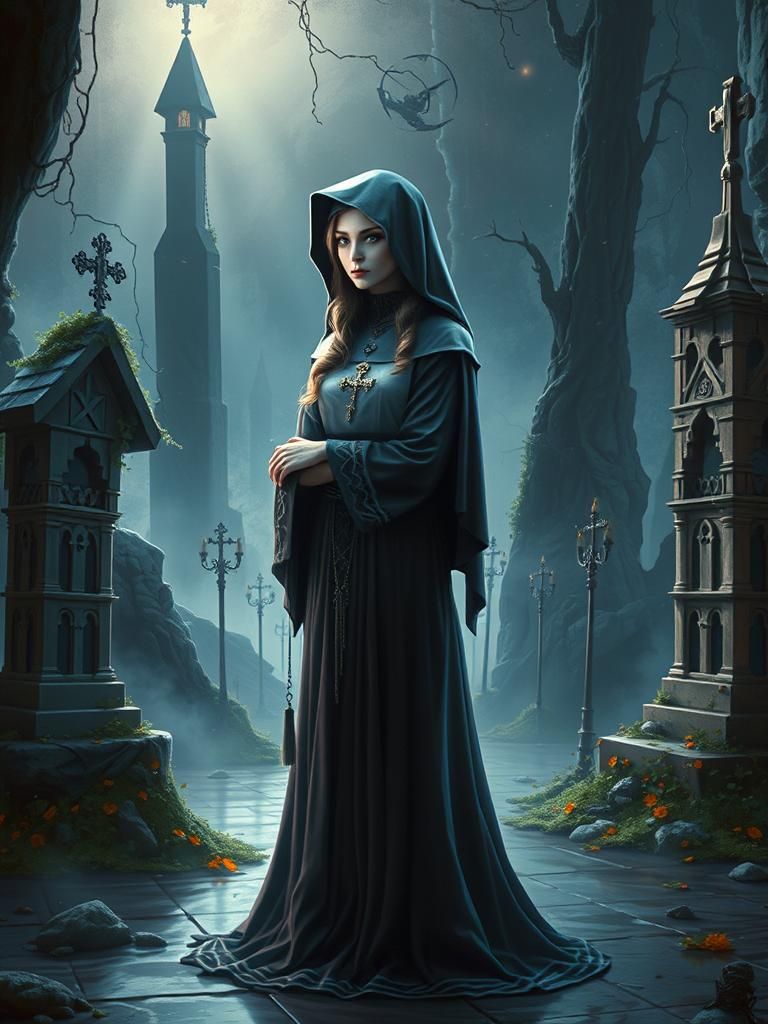 Orthodox Nun in Cemetery: Dark Fantasy Concept Art