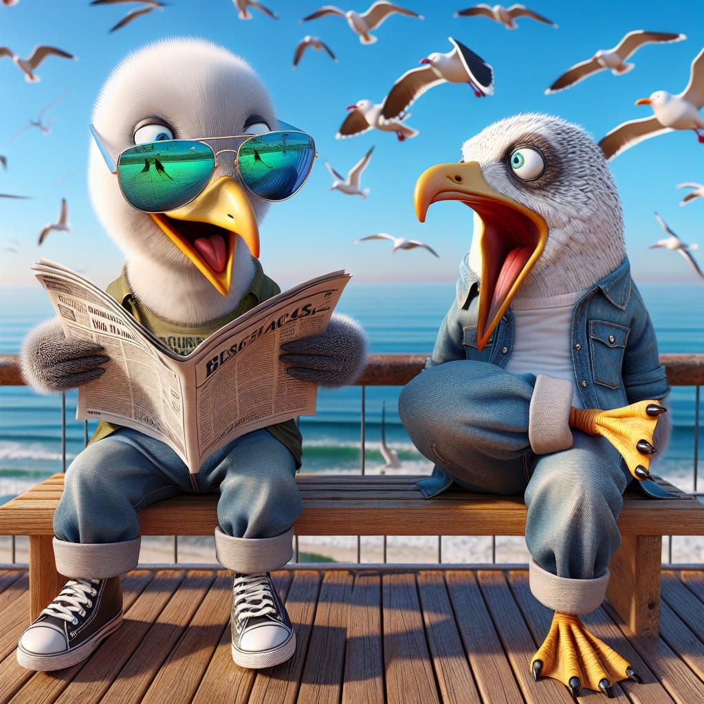 Cartoon Gulls Reading Newspaper on Promenade