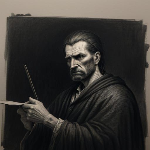 Man Making Bank Transfer in Old Master Charcoal Style