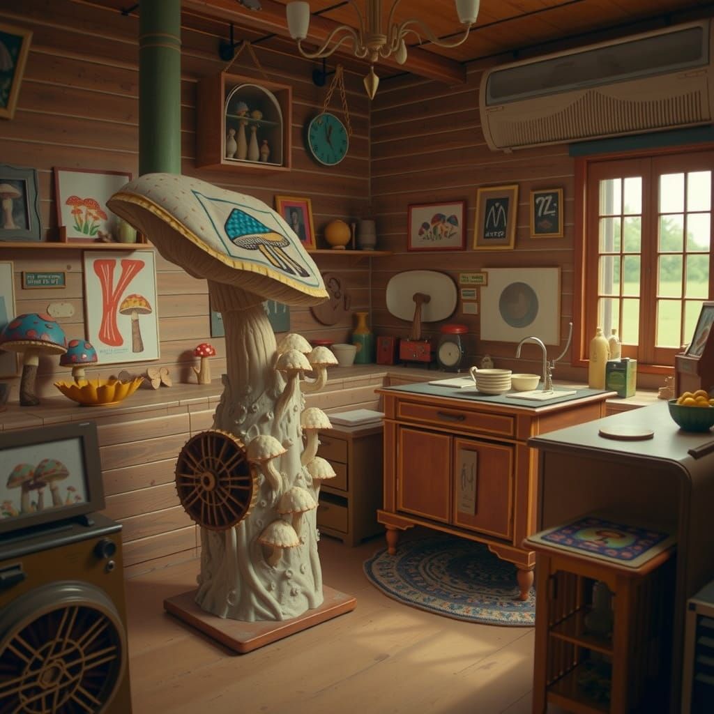 Surreal Mushroom Flag in a Brutalist Gum Cabin