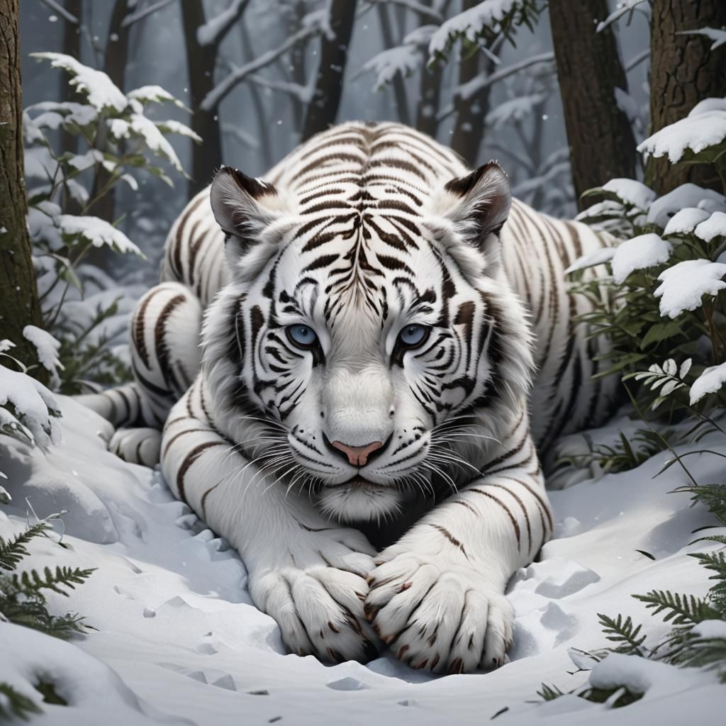 White Tiger Cub Sleeping: 3D Anime Art