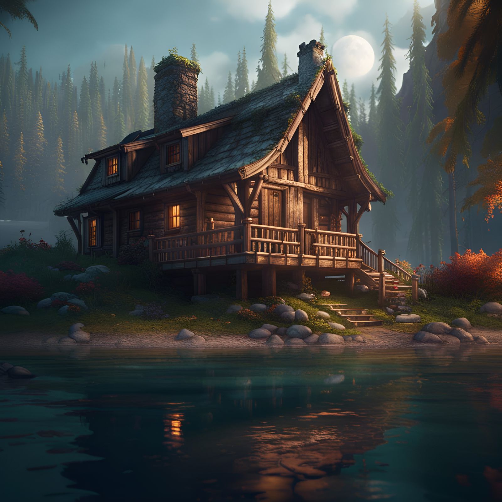 Cozy Lakeside Cabin in Detailed Matte Painting Style