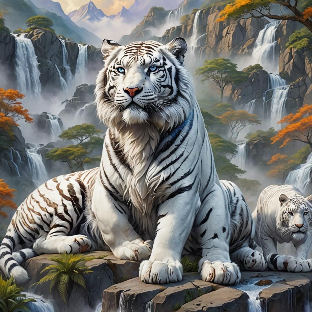 Majestic Lion, Tiger, and Leopard Hybrid on Misty Peak