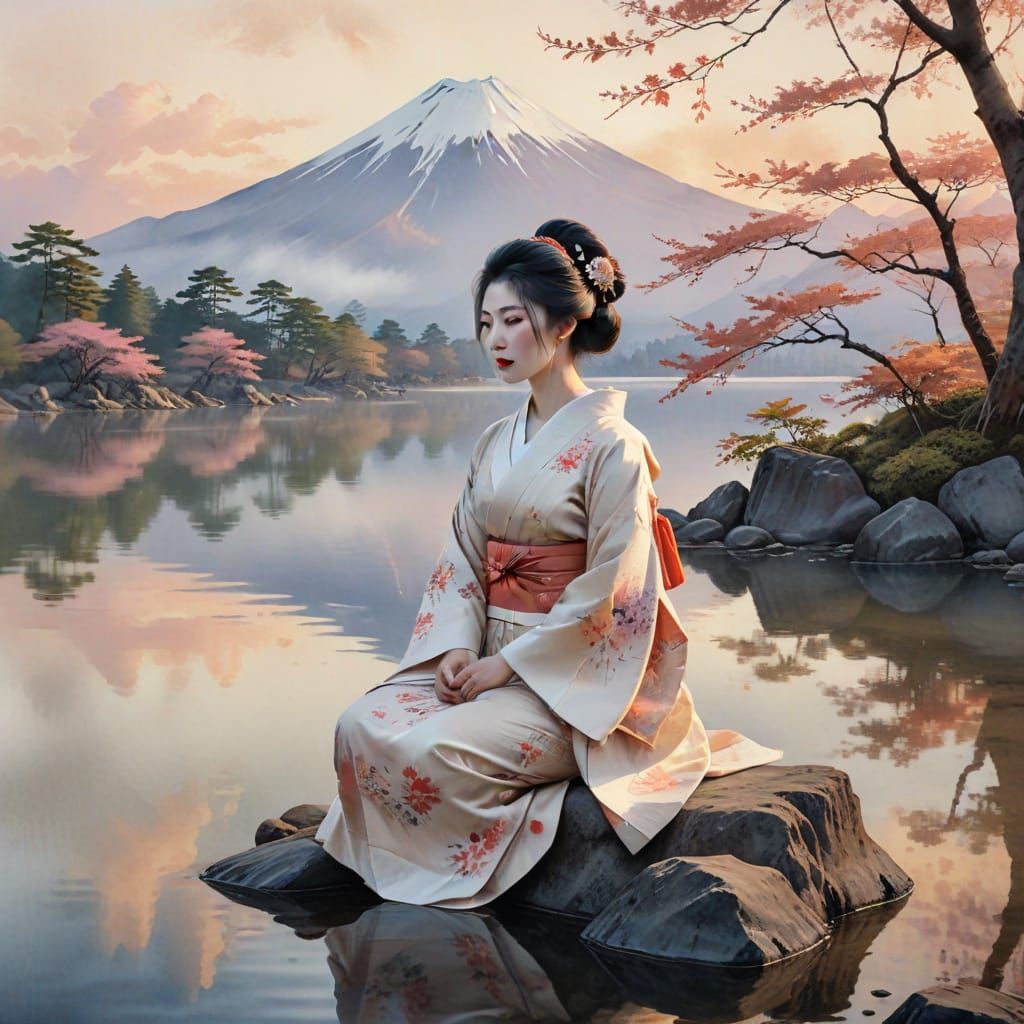 Traditional Japanese Geisha in Serene Sunset Landscape