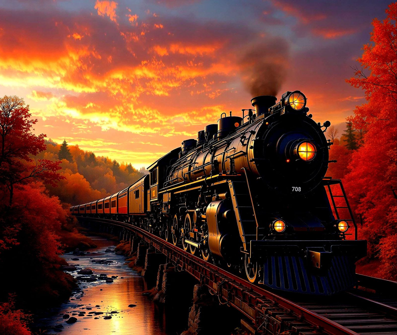 Surreal Autumn Diesel Locomotive Crossing a Bridge