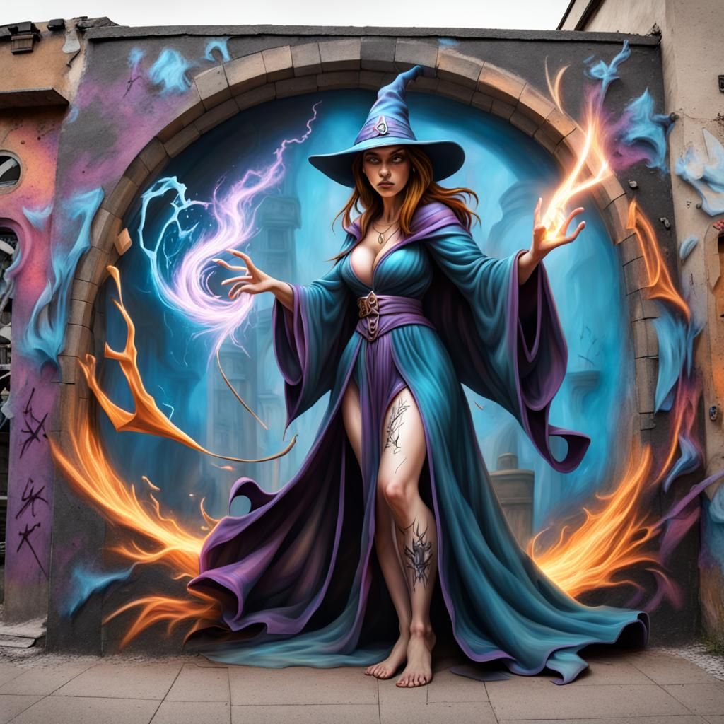 3D Graffiti Art of a Spellcasting Sorceress