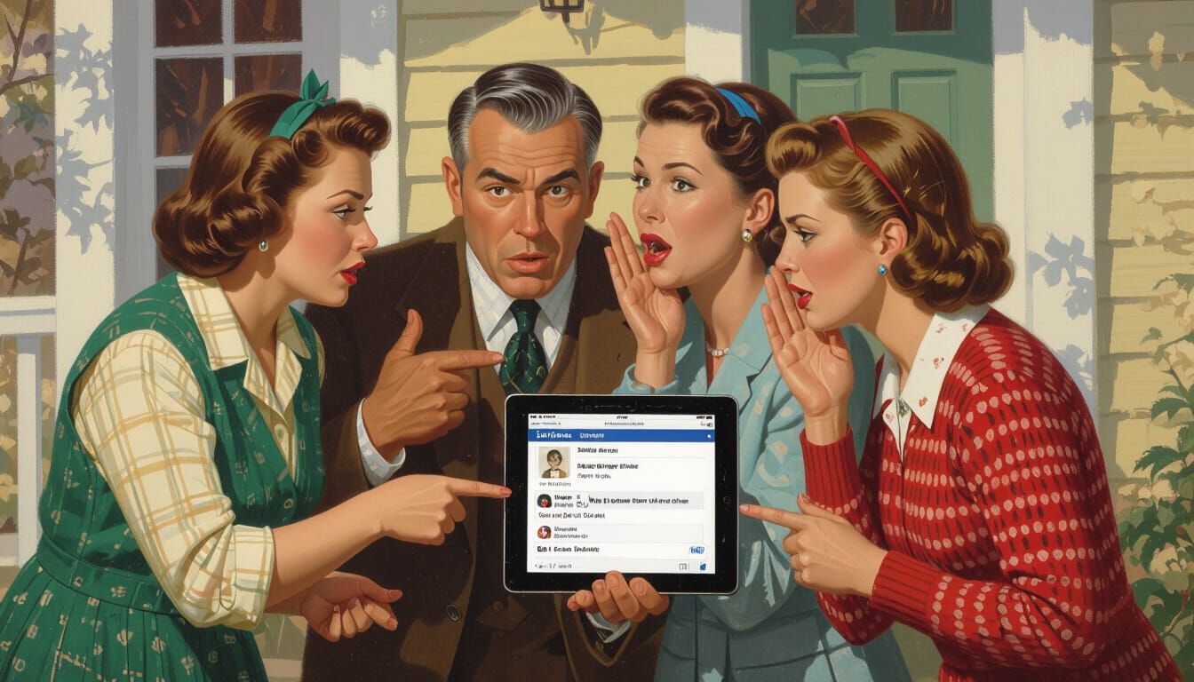 Suburban Neighbors Gossiping Over Facebook in Norman Rockwel...
