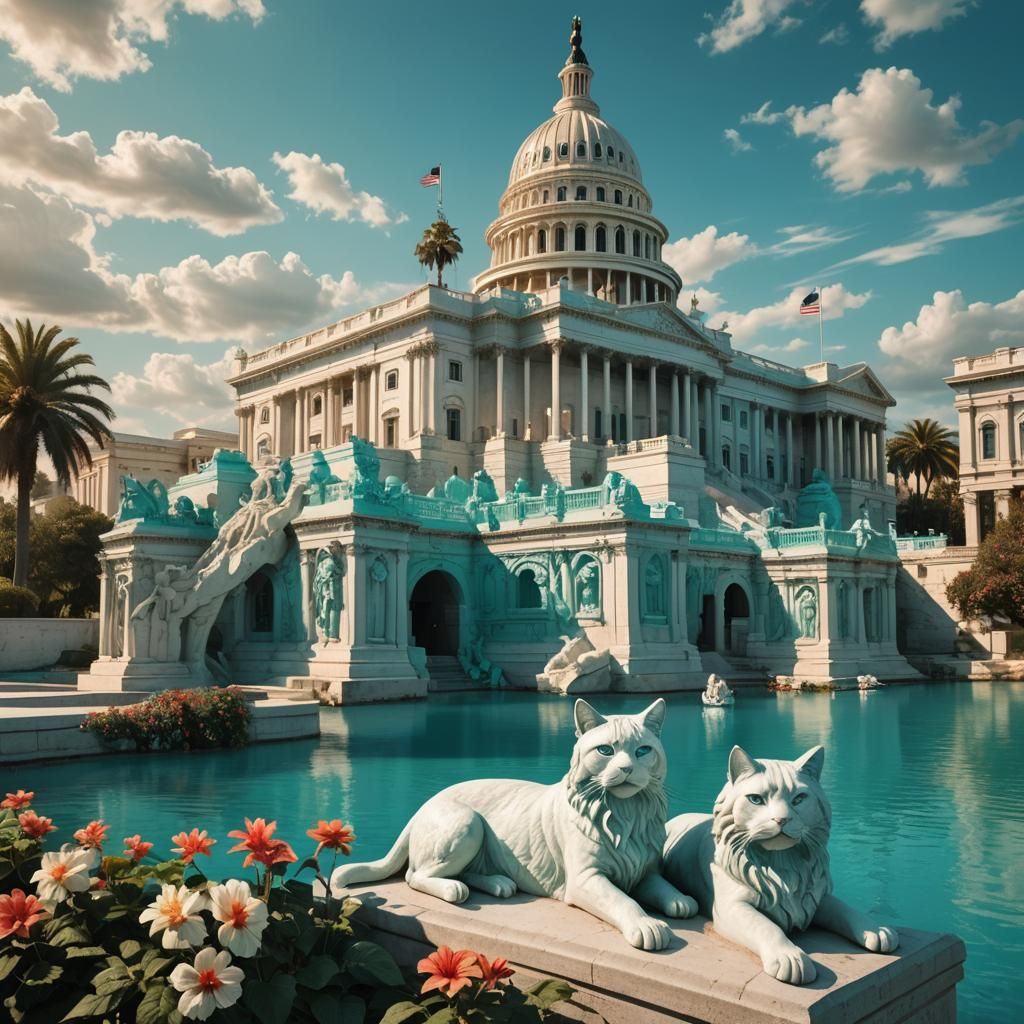 Hyperrealistic Capitol Building with Hibiscuses and Canal