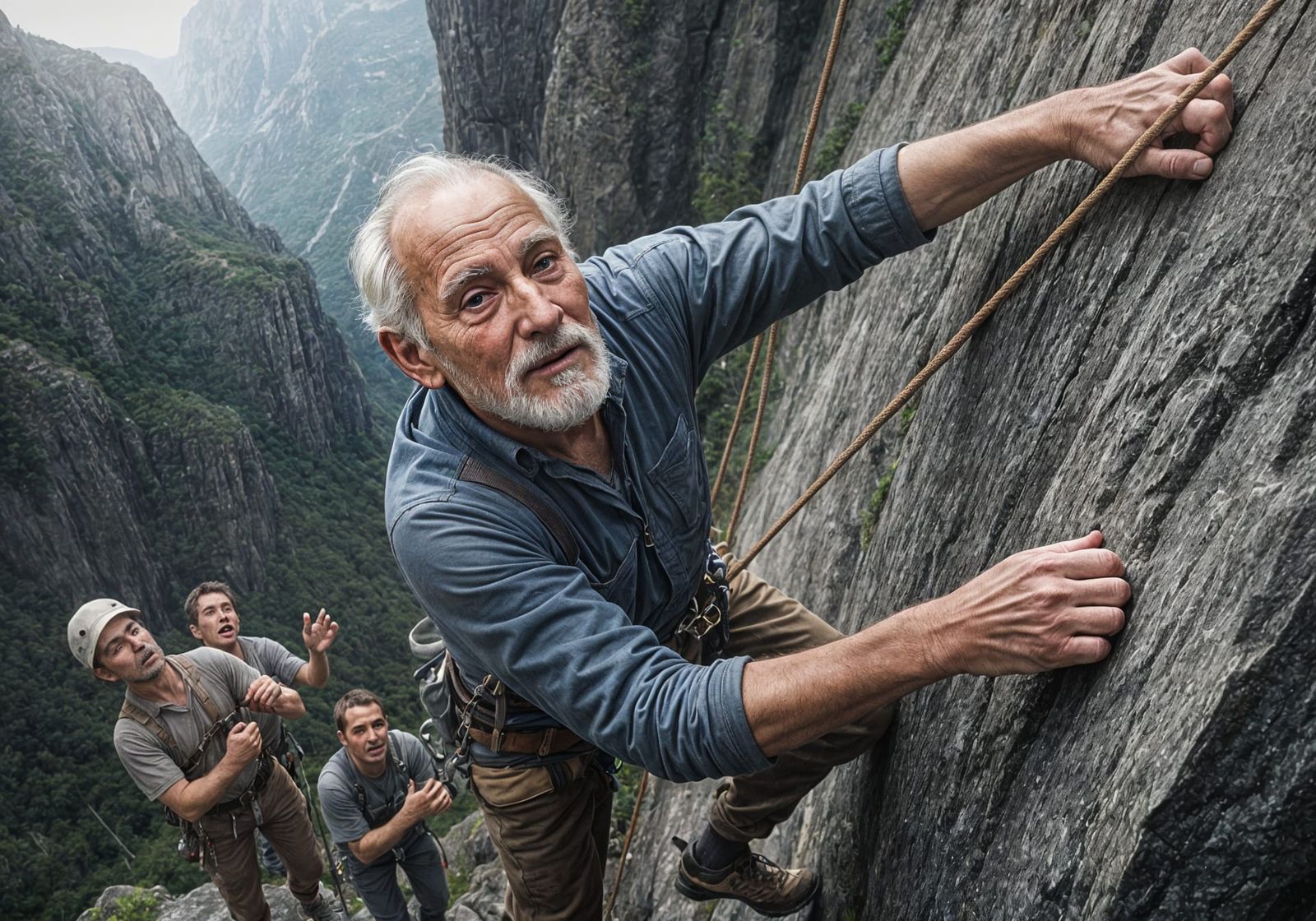Elderly Climber's Triumph: Realistic Adventure in Rockwell S...