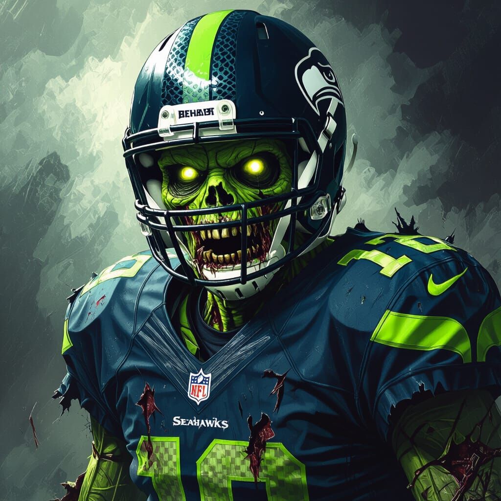 Terrifying Zombie in Seahawks Helmet, Dark Fantasy Art