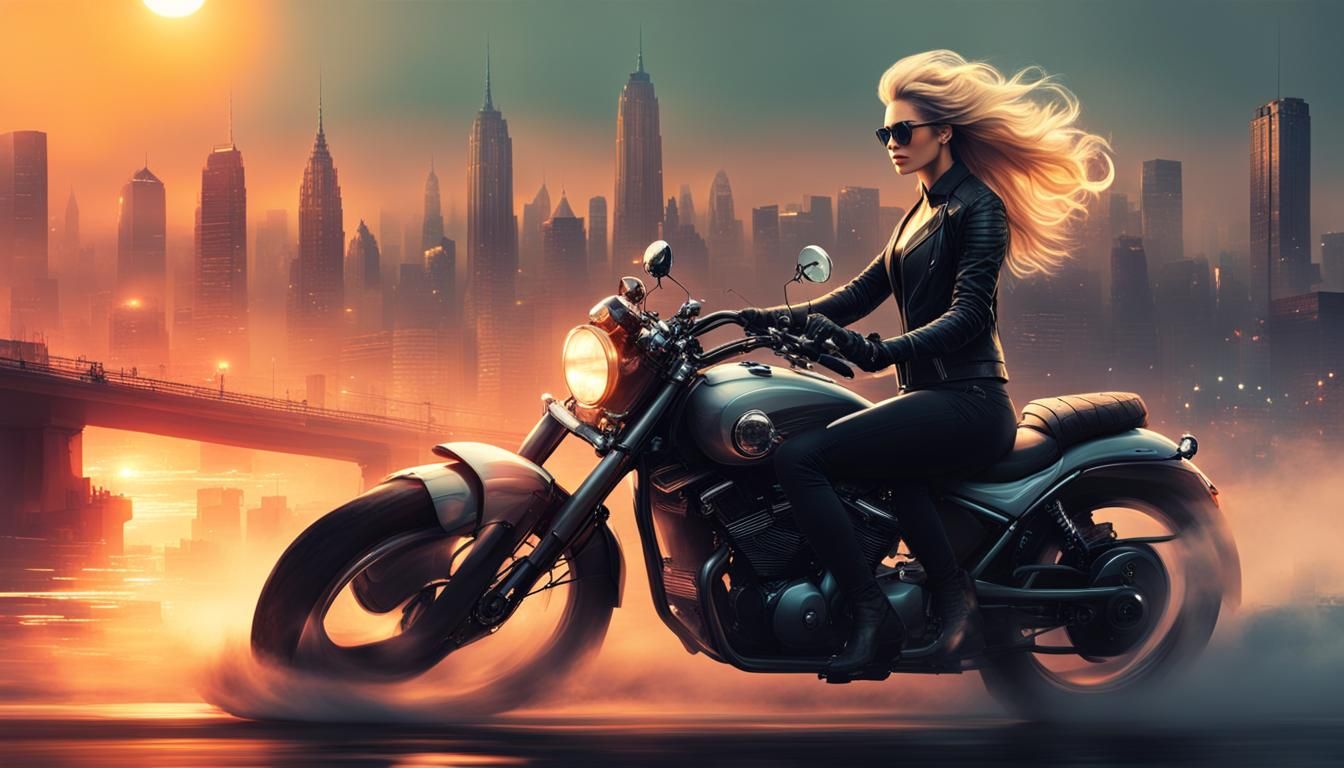 Blonde on Motorcycle at Sunset: Vaporwave Digital Art
