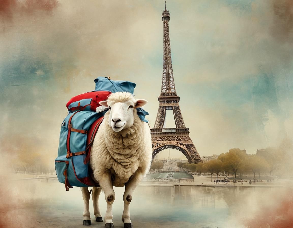 Sheep's Whimsical Trip to Paris in Watercolor Style