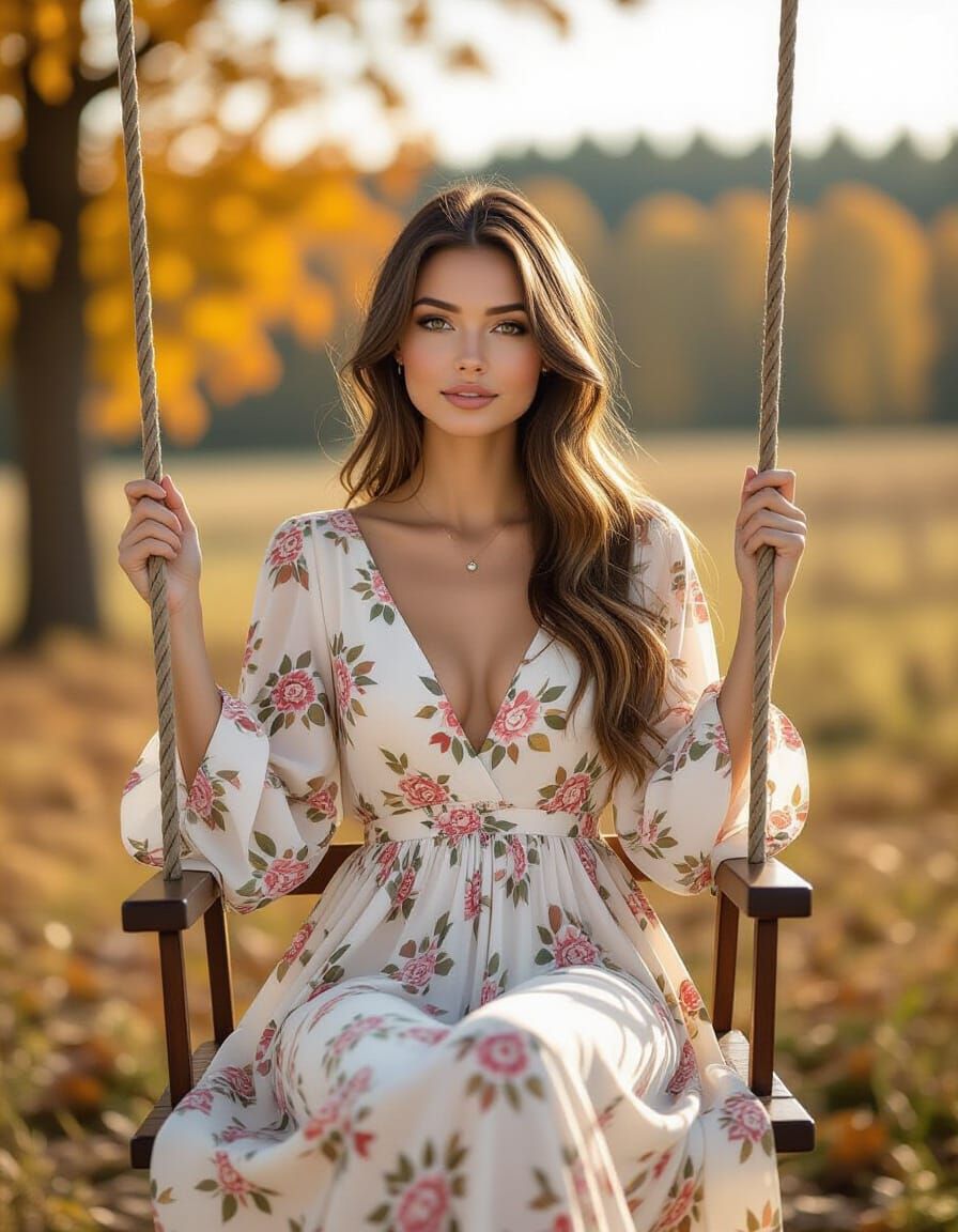 Young Woman in Chiffon Dress on Swing, Hyperrealistic