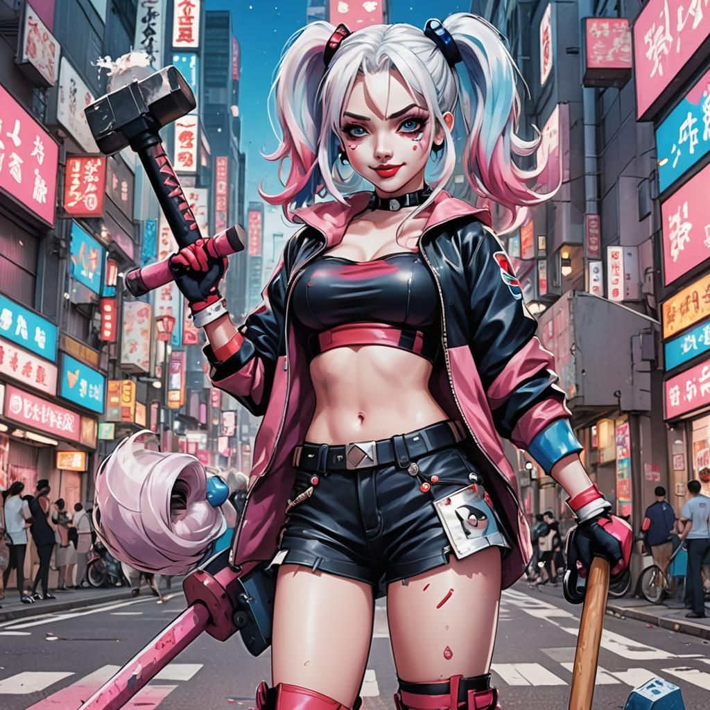 Anime Harley Quinn in Tokyo with Pink Accents