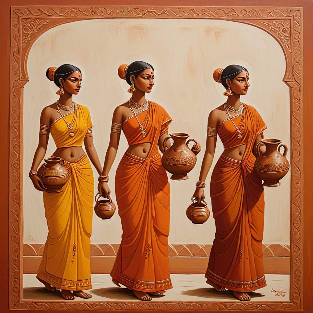 Three Women in Earthy Procession, Oil Painting in Indian Sty...