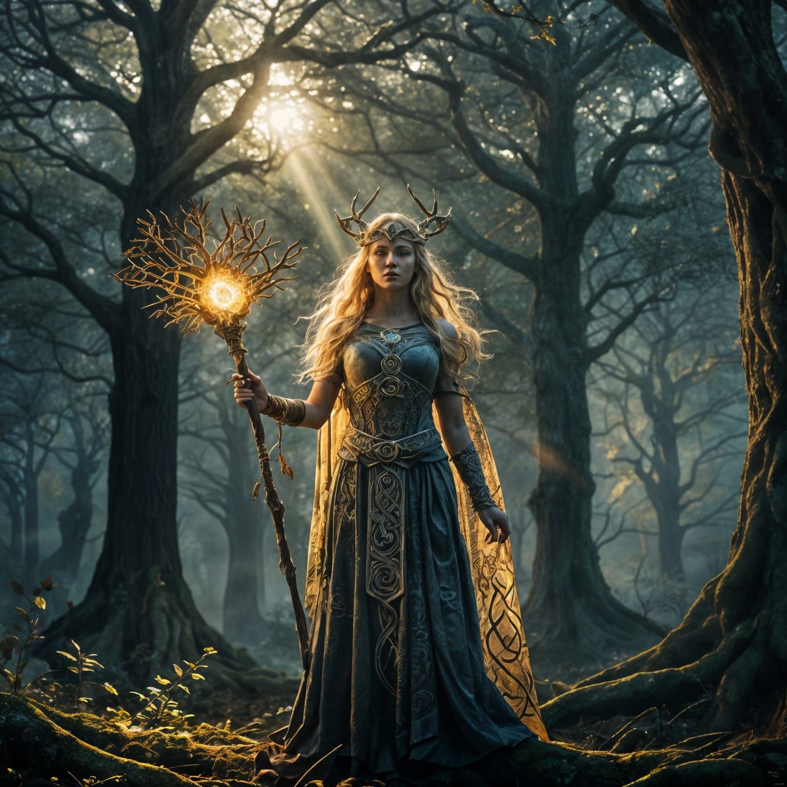 Celtic Goddess of War in Misty Forest