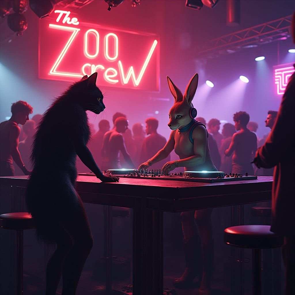 The Zoo Crew Nightclub Scene in Neon-Lit, Gritty Style