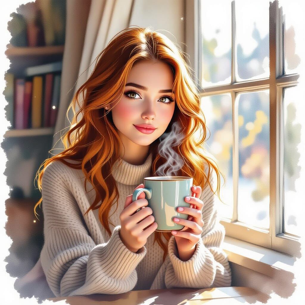 Serene Woman by Window with Steaming Mug in Watercolor