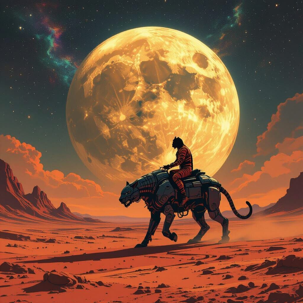 Tiger on Mechanical Steed Under Alien Moon