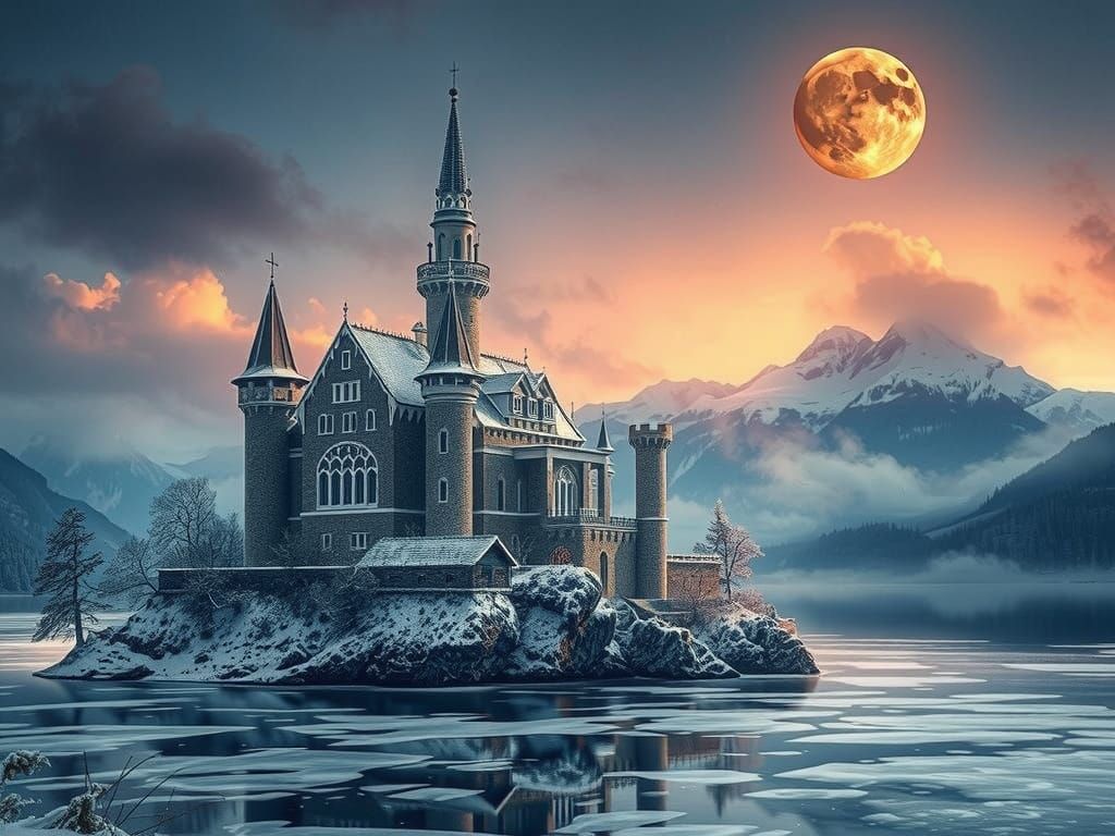 Swiss Winter Castle Illuminated by Blood Moon