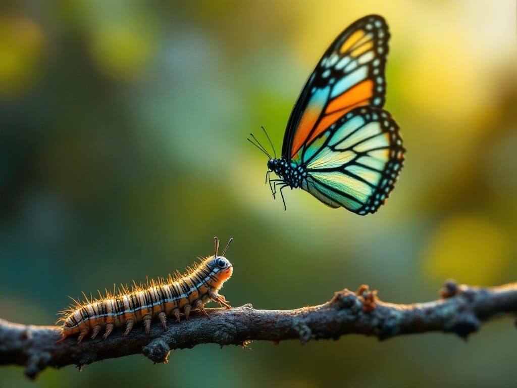 Tiny Caterpillar Meets Giant Blue Butterfly
