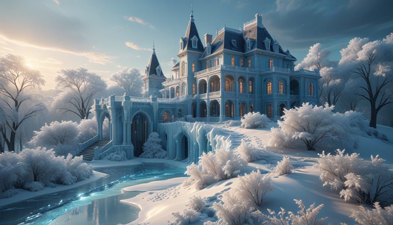 Surreal Winter Wonderland with Frozen River and Mansion