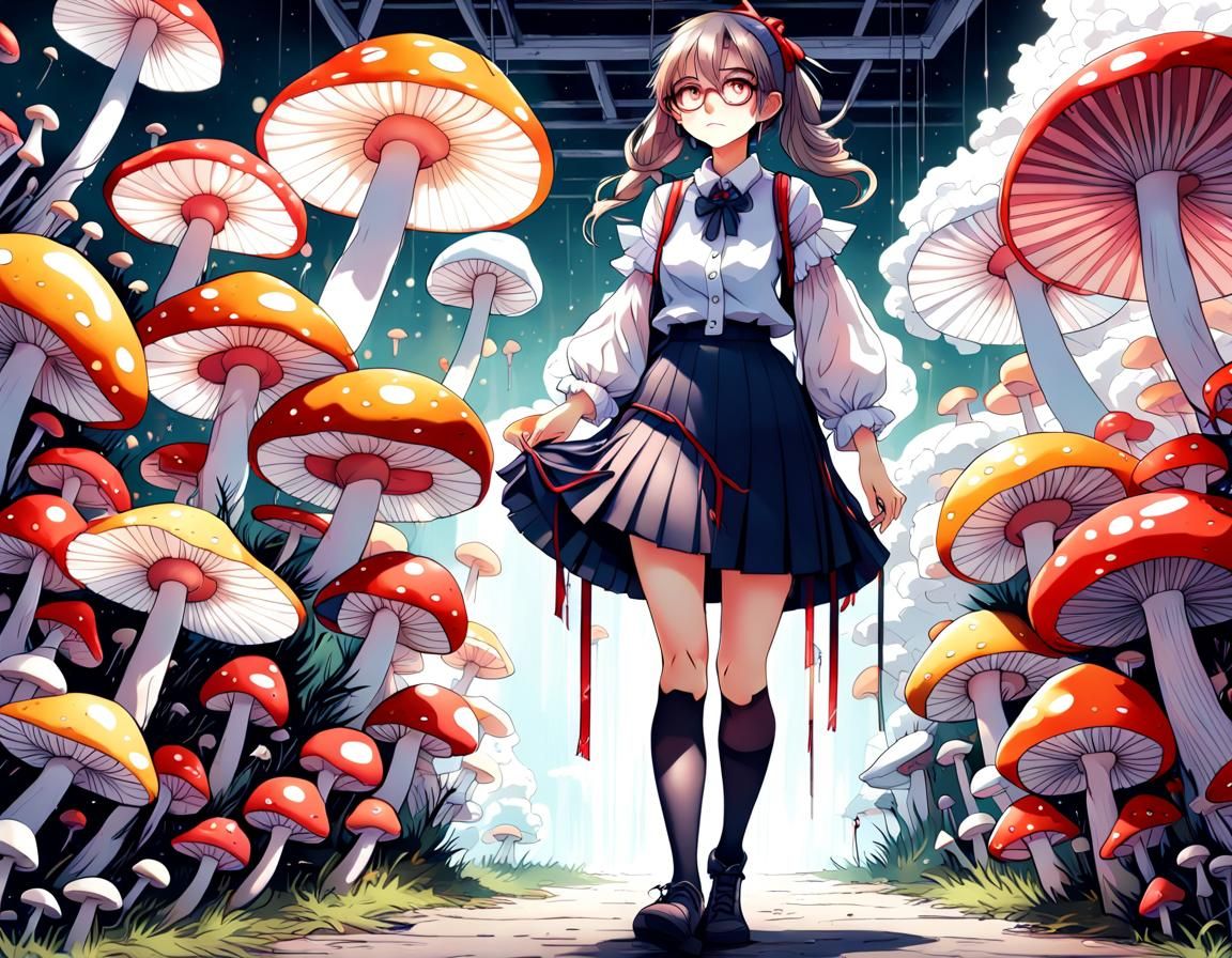 Anime Girl in Mushroom Lab with Detailed Shading