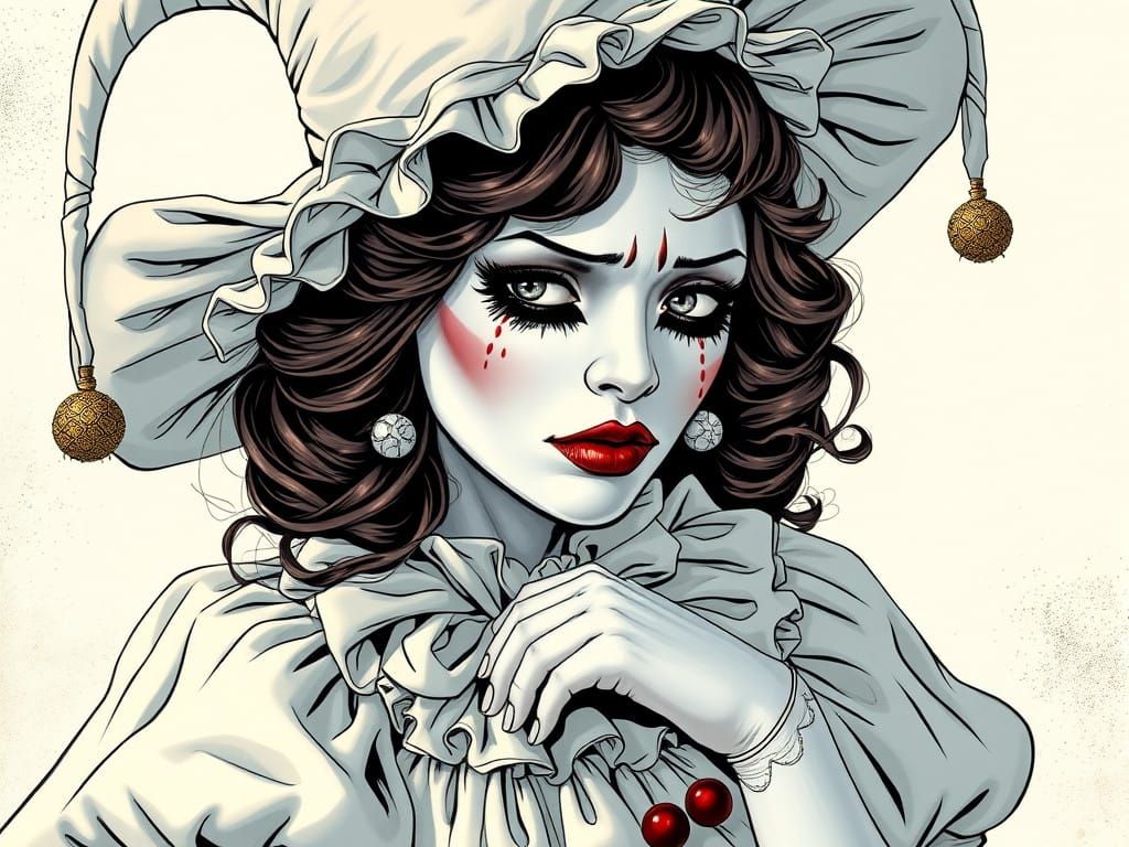 Barefoot Pierrette in a Billowy White Costume with a Sorrowf...