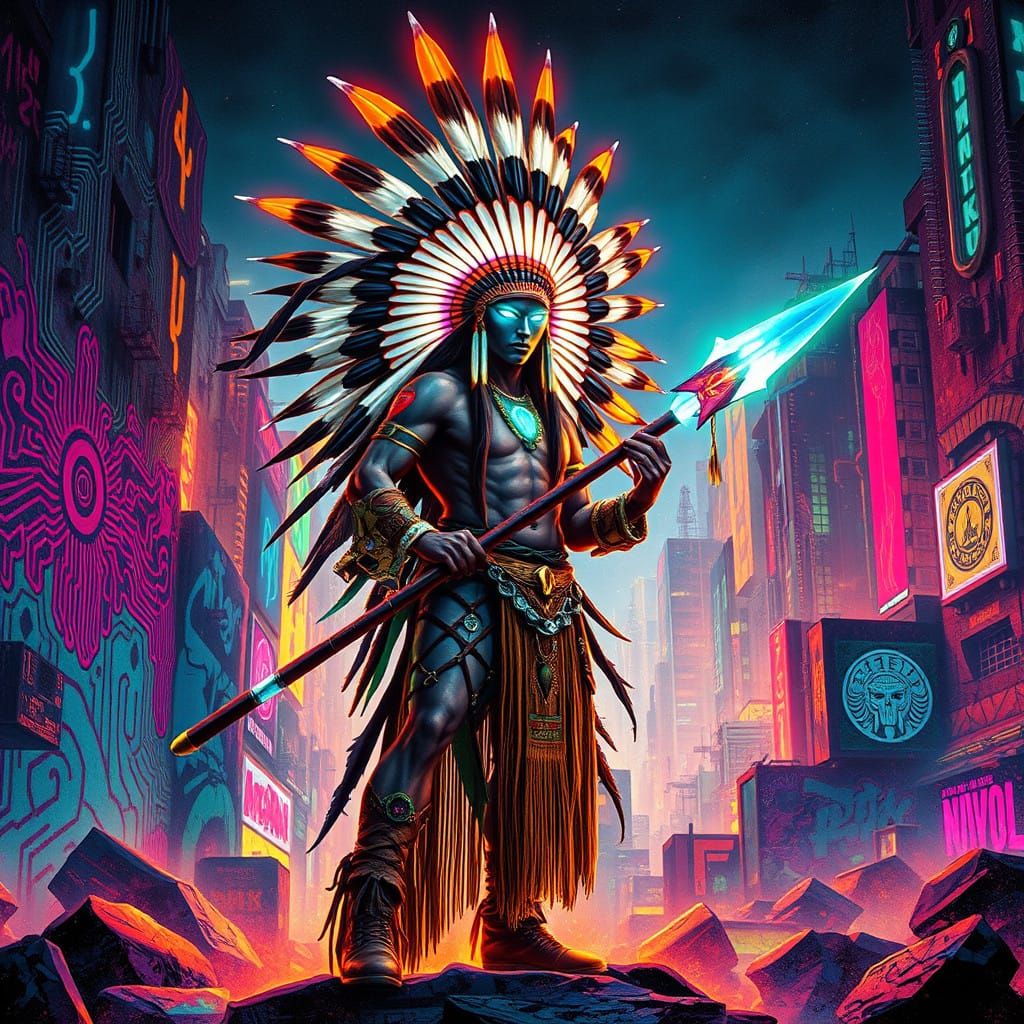 Futuristic Native Warrior in Cyberpunk Cityscape