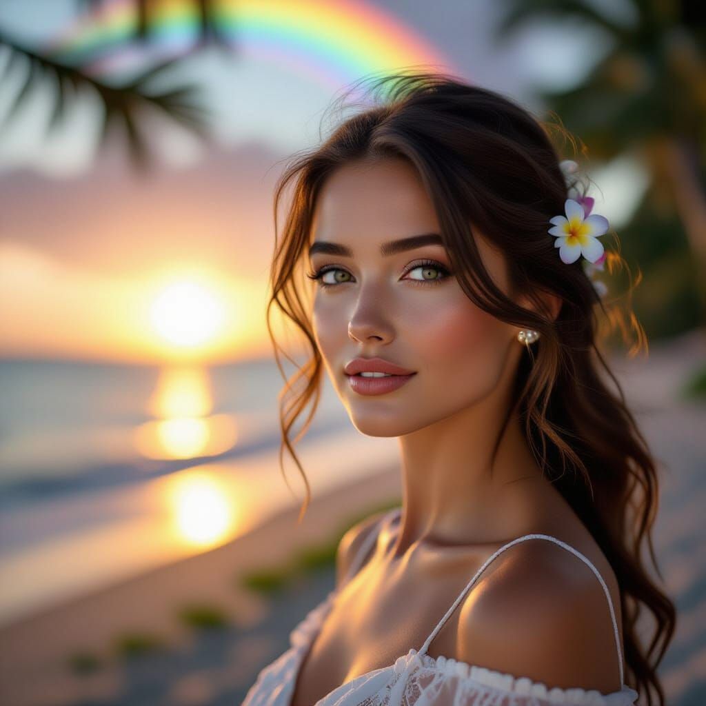 a woman with her hair merging into a picturesque landscape. The landscape within her hair consists of a serene sunset by...