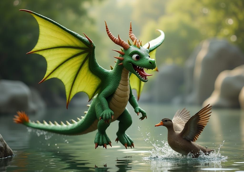 Playful Green Dragon Chasing Duck, Digital Art