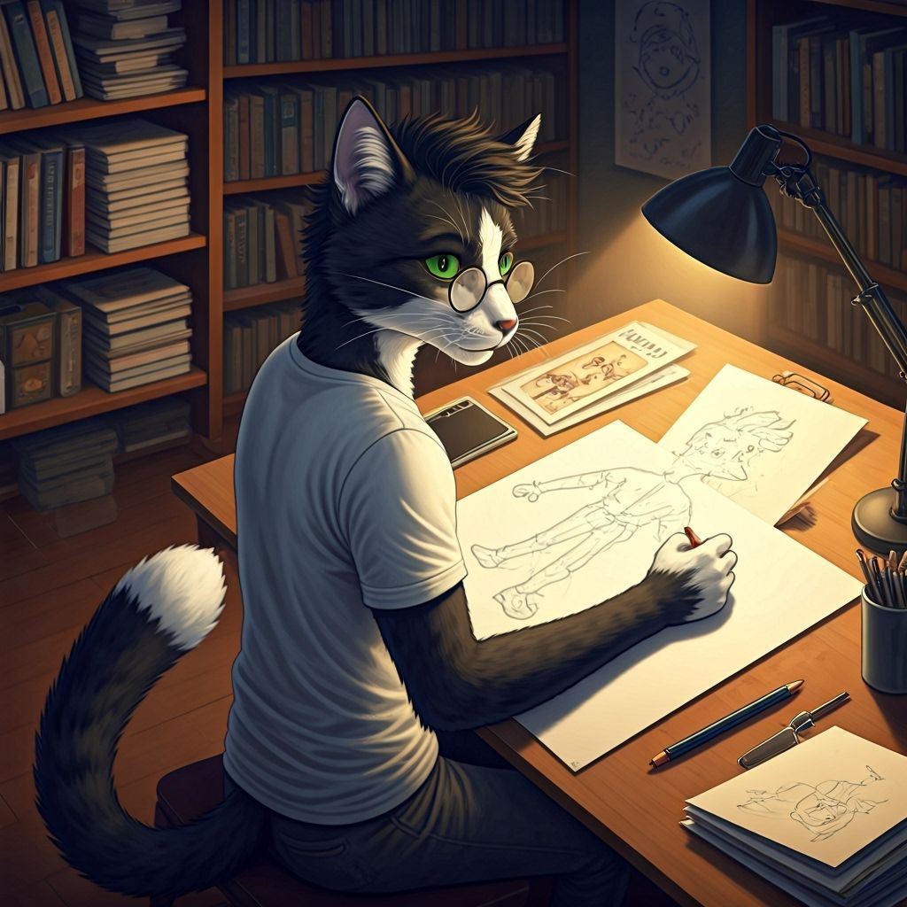 Anthropomorphic Cat Drawing in Moebius Style