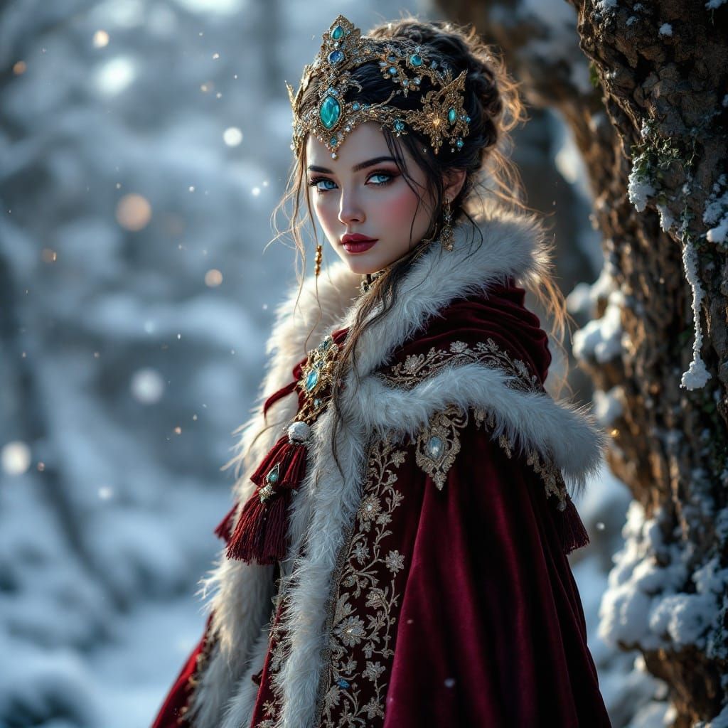 Ethereal Winter Goddess in Ornate Velvet Cloak