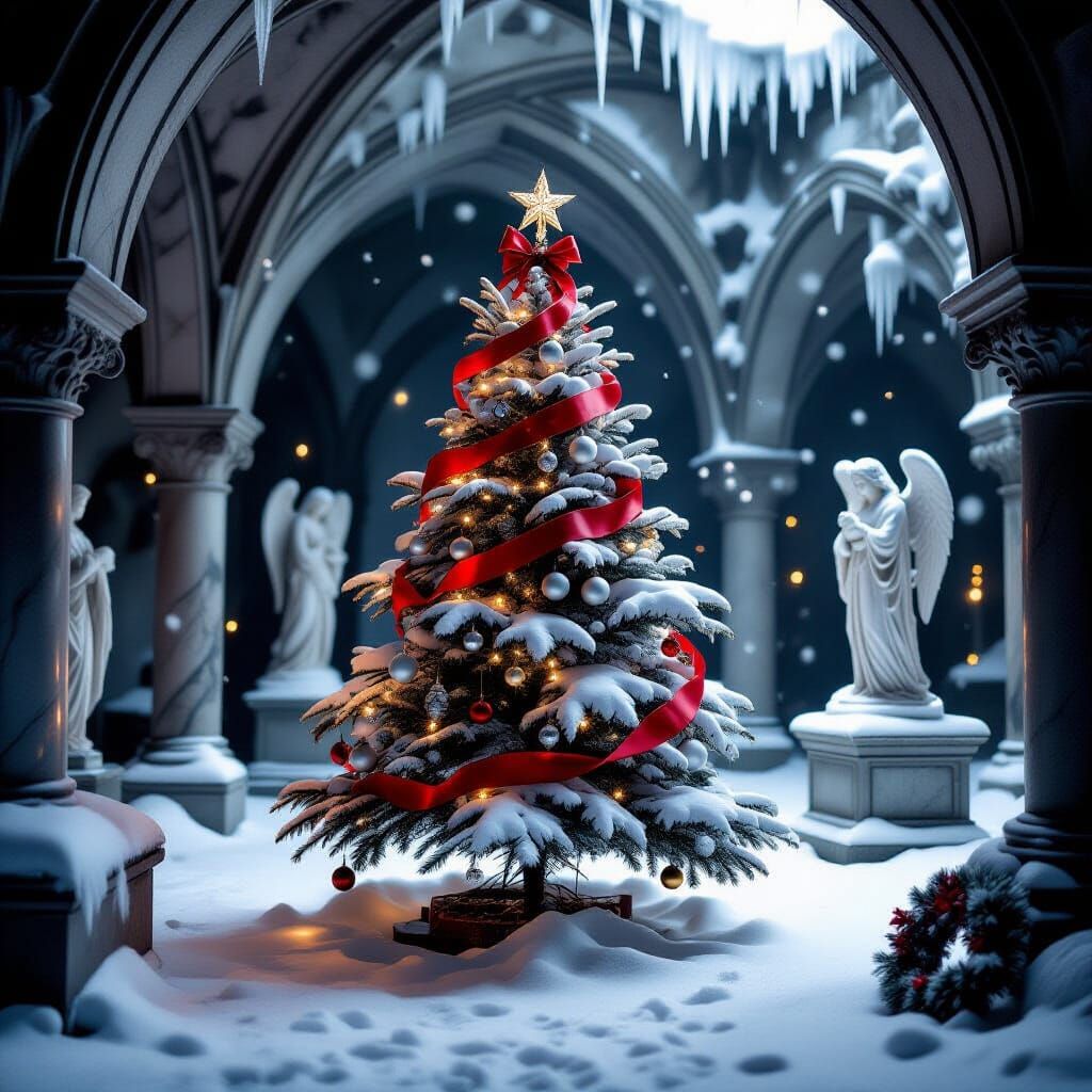 Festive Yet Haunting Winter Crypt with Lone Evergreen Tree