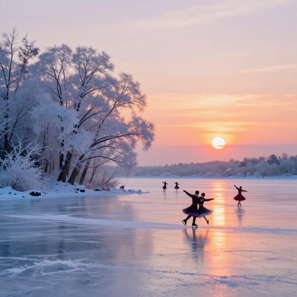 Frozen Lake Sunset with Skaters in Impressionistic Style