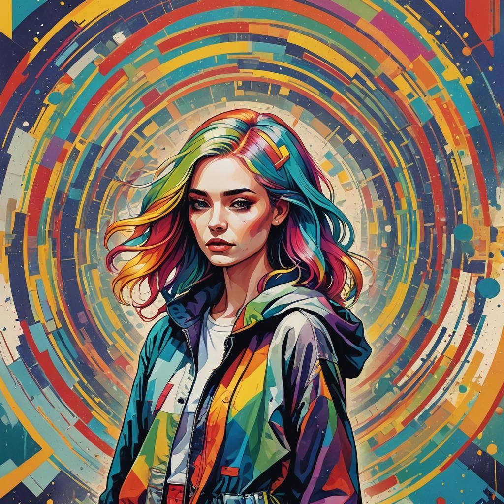 Rainbow Haired Woman in Mystical Pop Art World