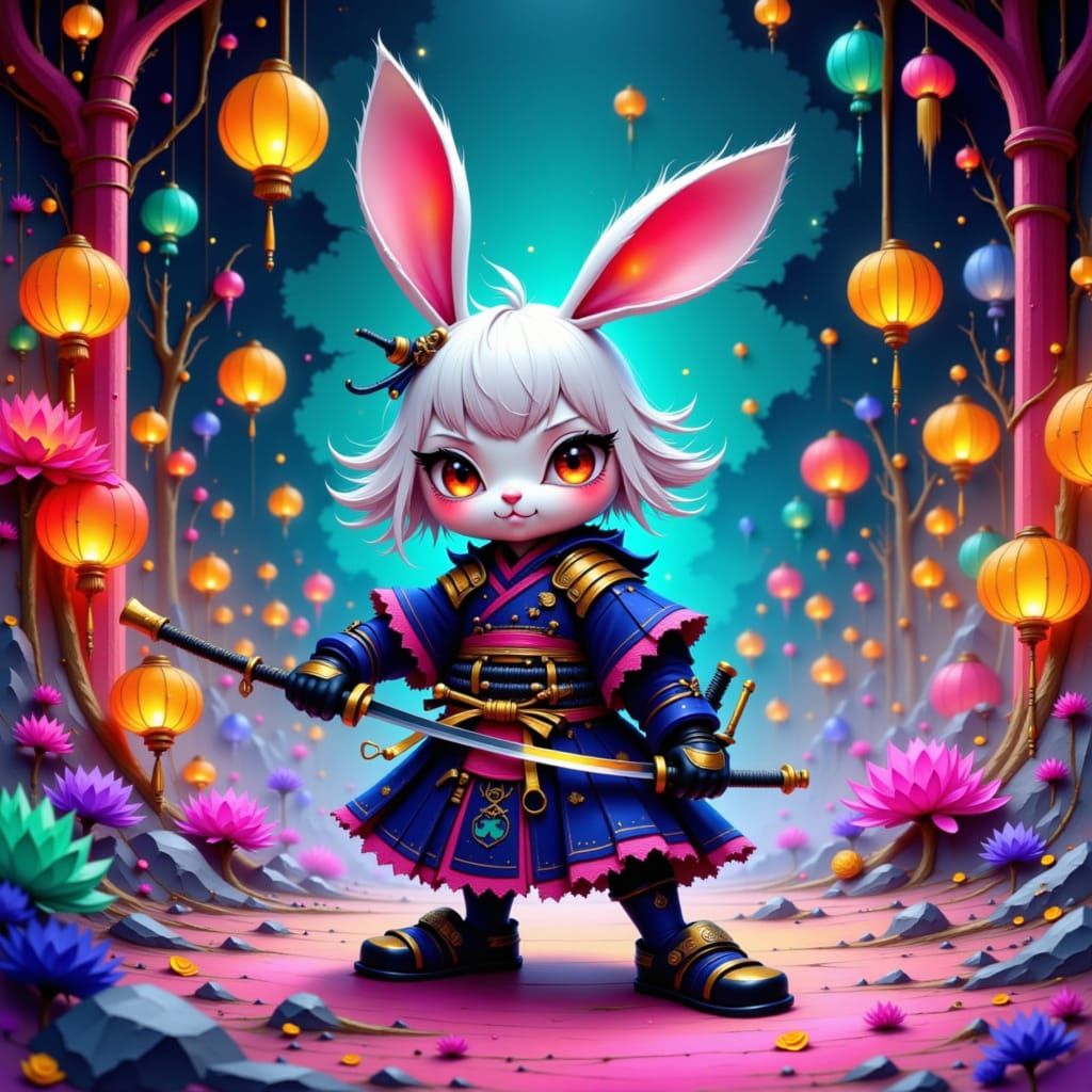 Cartoon Bunny Samurai in Gothic Fantasy Dojo