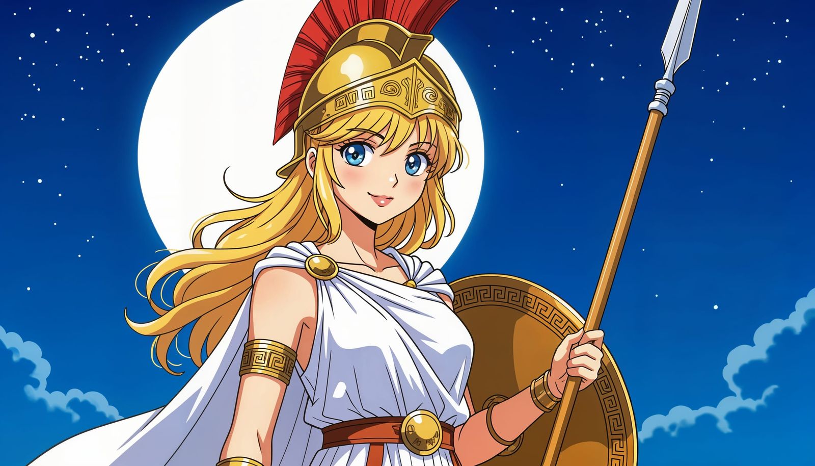 Anime Spearwoman in Greek Toga Under Moon