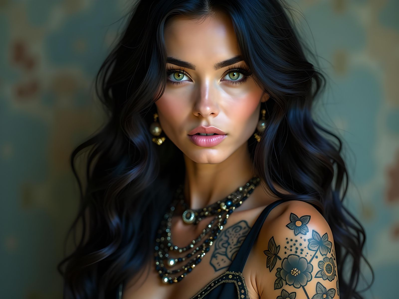 Hyperrealistic Woman with Tattoos and Dark Hair