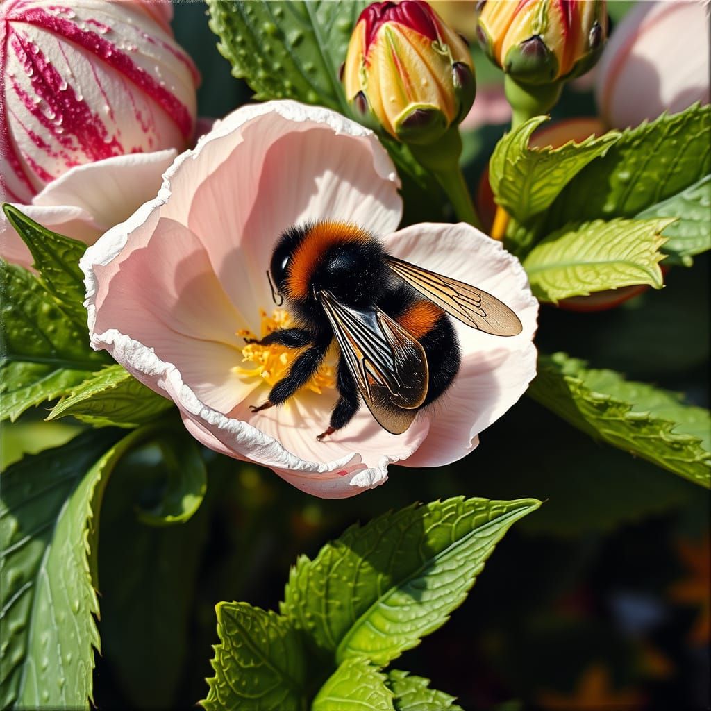 Bumblebee on Flower: Hyperrealistic Impasto Painting