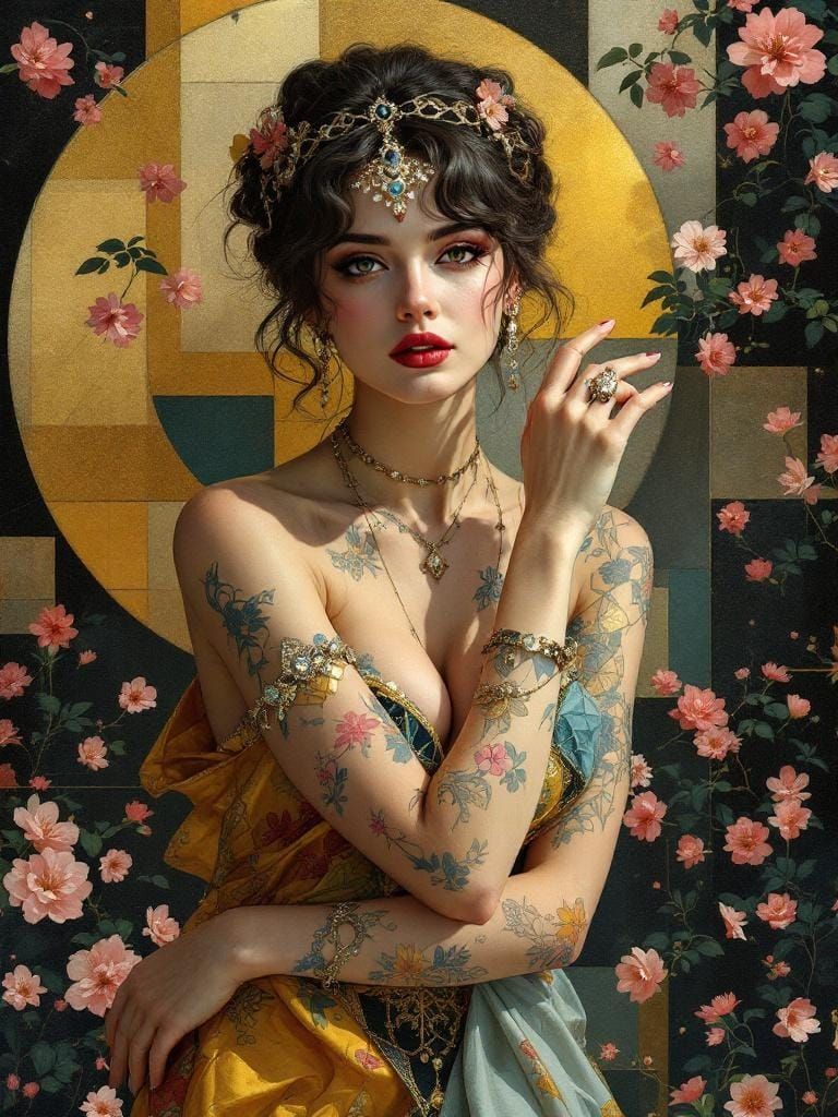 Geometric Pin-Up in Alphonse Mucha and Caravaggio Style