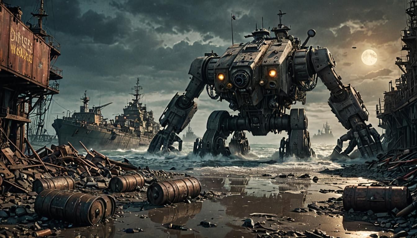 Dieselpunk Battleship in Ruined Industrial Wasteland