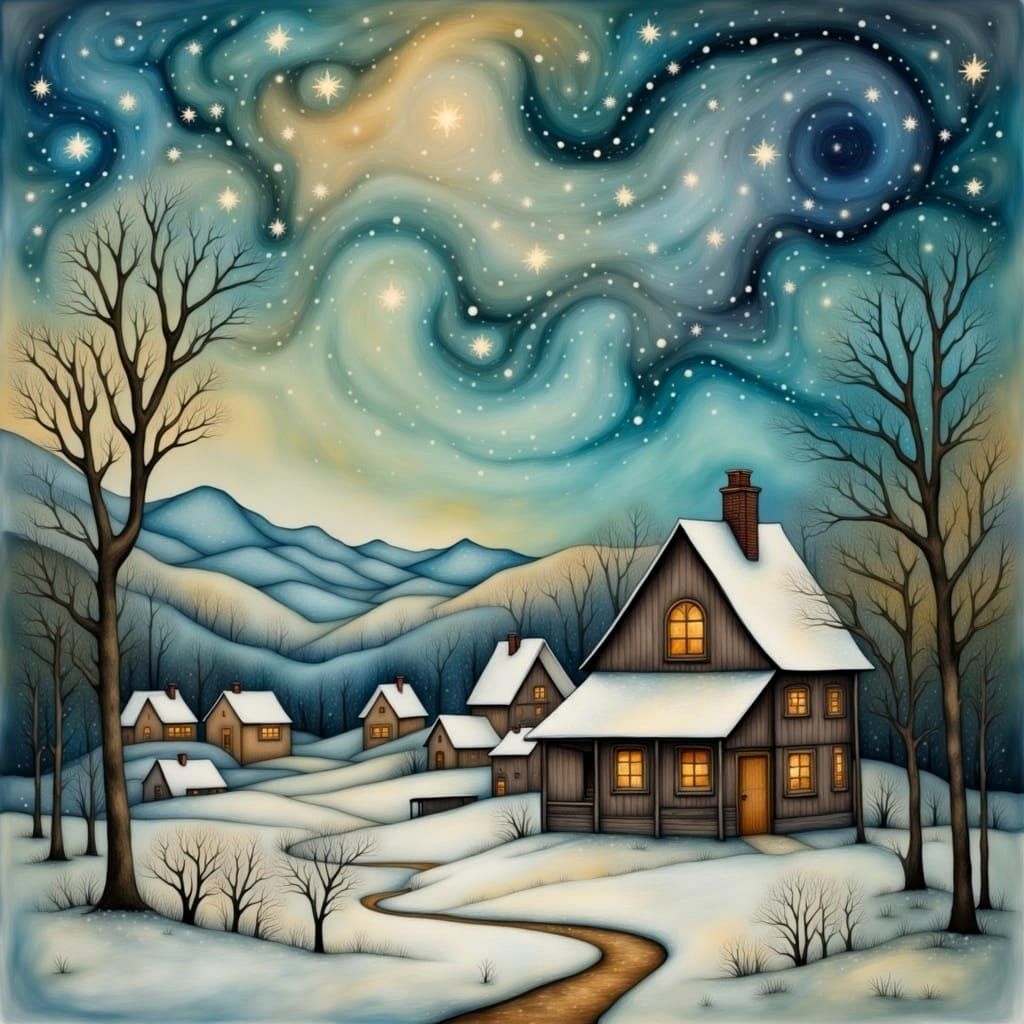Winter Village Under Vibrant Starry Night Sky in Whimsical F...
