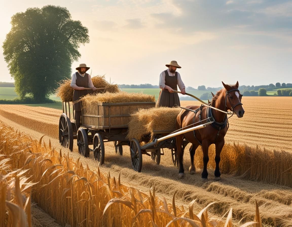 Medieval English Farmers Harvesting Crops at Sunset