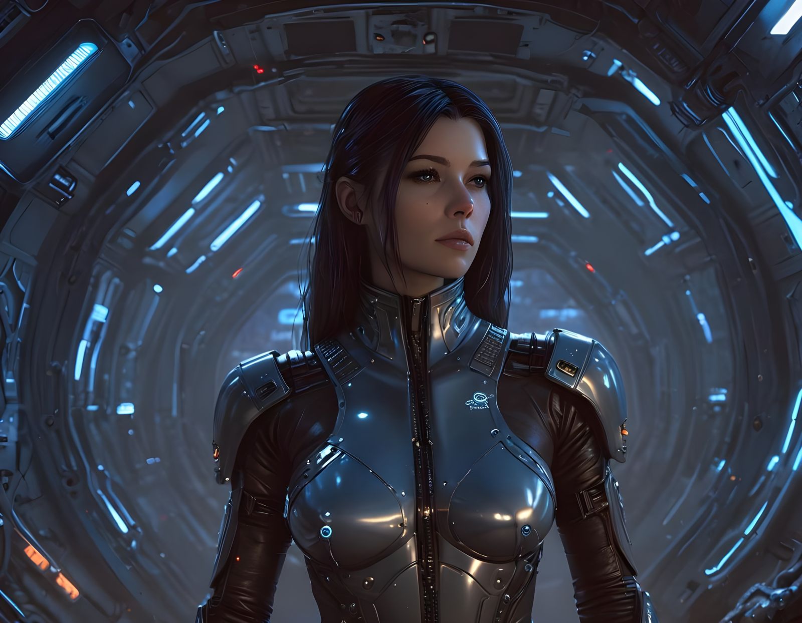 Confident Woman in Futuristic Sci-Fi Scene