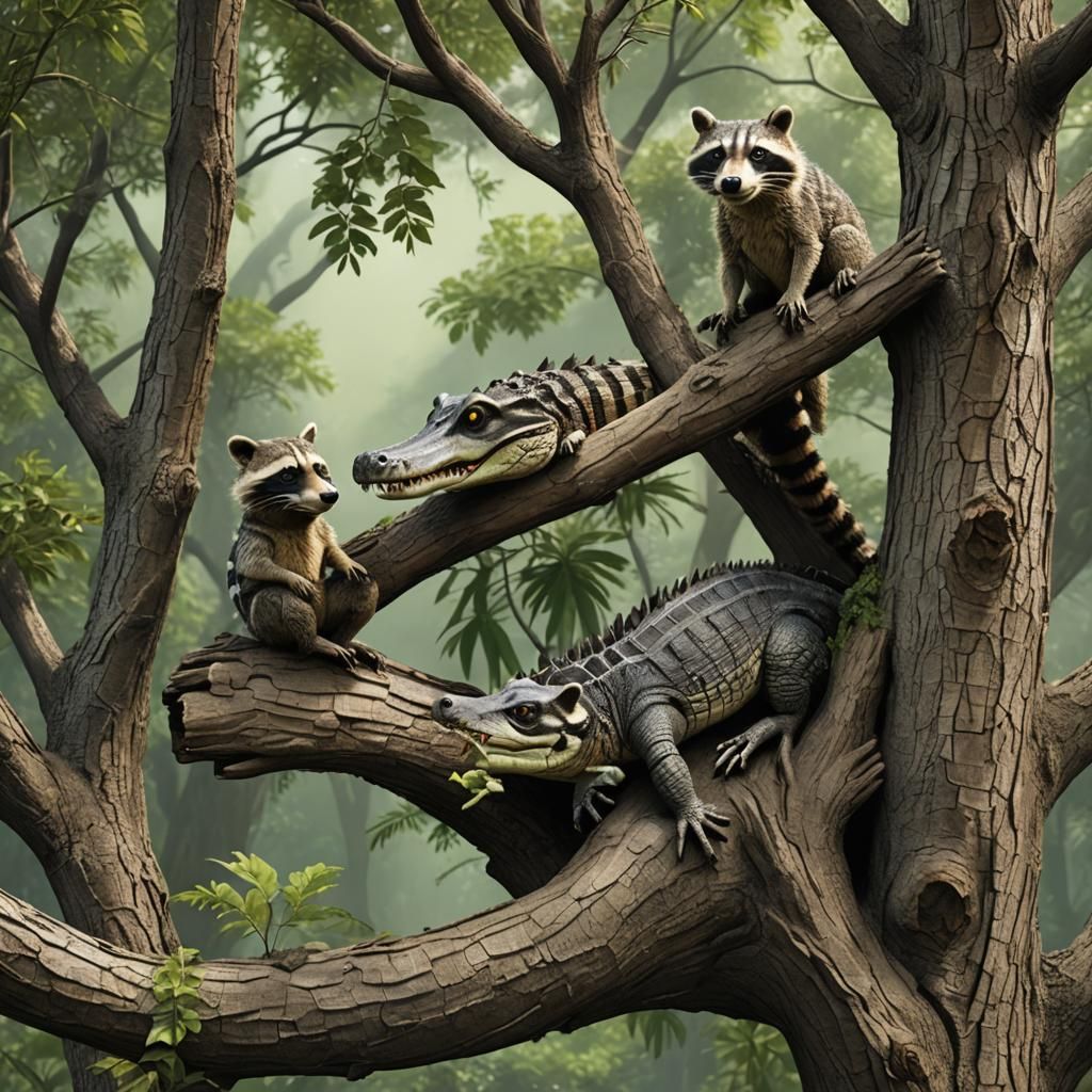 Crocodile and Raccoon in Tree: 3D Digital Photo